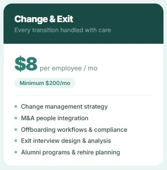 Change & Exit section with details of $8 per employee month fee, minimum $200/month, and list of services including change management, M&A integration, offboarding workflows, exit interview, alumni programs, and rehiring planning.