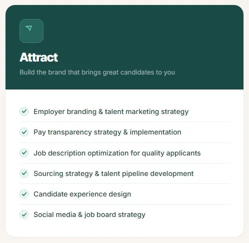 A digital interface with the title 'Attract,' listing strategies for building a candidate pipeline, including branding, transparency, job descriptions, sourcing, experience design, and social media.