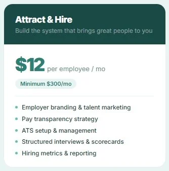 Job advertisement for attraction and hiring services, priced at $12 per employee per month with a minimum of $300 monthly, listing services like employer branding, talent marketing, pay transparency, ATS setup, structured interviews, and hiring metrics.