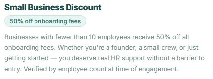 Text about a small business discount of 50% off onboarding fees for businesses with fewer than 10 employees.