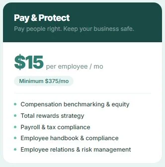 Pay & Protect benefits listing with a $15 per employee monthly fee, including compensation benchmarking, total rewards strategy, payroll compliance, employee handbook, employee relations, and risk management.