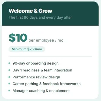 Welcome & Grow section outlining onboarding benefits and costs, including a $10 monthly fee per employee, minimum $250, with features like 90-day onboarding, team integration, performance review, feedback frameworks, and manager coaching.