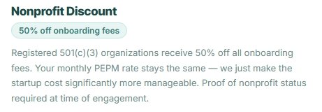 Nonprofit Discount promotional text about 50% off onboarding fees and details about PEPM rates for nonprofit organizations.