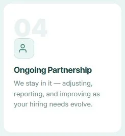 Digital card with the number 04 and an icon of a person, titled 'Ongoing Partnership,' mentioning adjustments, reporting, and improving hiring needs.