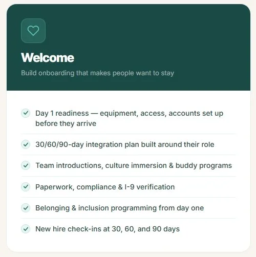 Onboarding checklist with a green header titled 'Welcome', including tasks like equipment setup, integration plan, team introductions, paperwork, inclusion programming, and new hire check-ins.