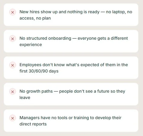List of five negatives about workplace onboarding and management, including no laptops or access for new hires, unstructured onboarding, employee uncertainty about expectations, lack of growth paths, and managers lacking tools or training.