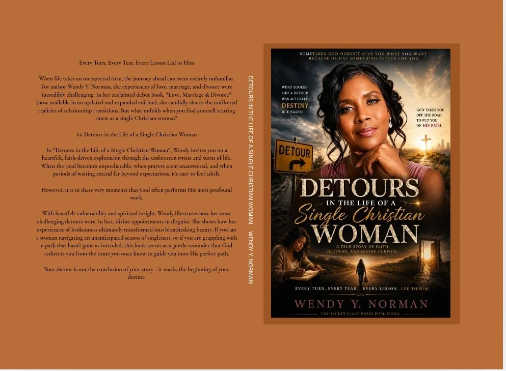 Book cover titled "Detours in the Life of a Single Christian Woman" by Wendy Y. Norman, featuring a woman with hand resting on her cheek, a sunset, a detour sign, and a woman praying at a desk.