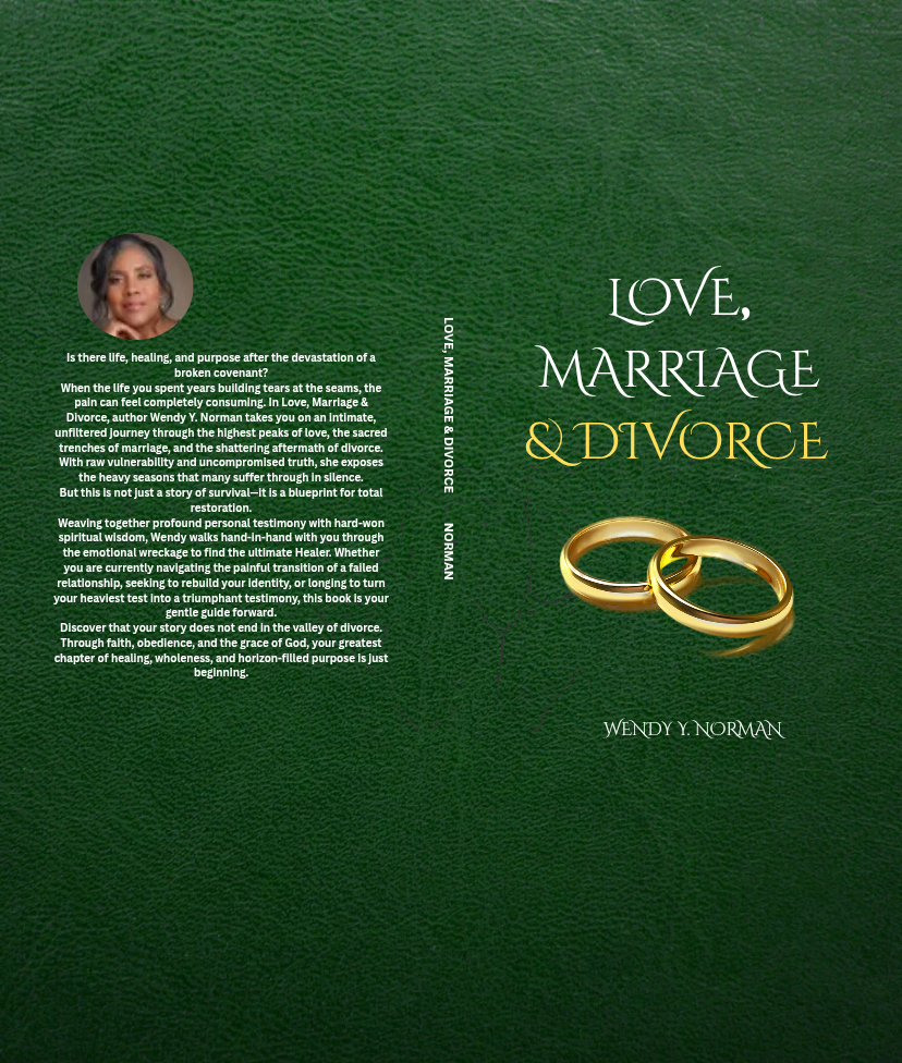 Book cover titled "Love, Marriage & Divorce" by Wendy Y. Norman, featuring two intertwined gold wedding rings on a green background, with a photo of the author on the back cover.
