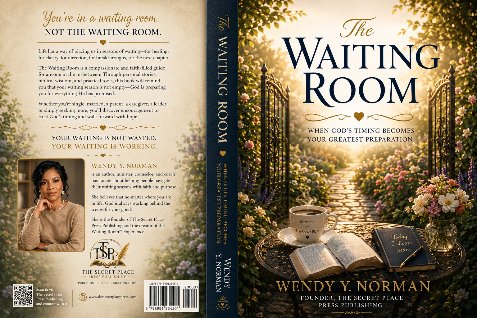 Book cover titled "The Waiting Room" by Wendy Y. Norman. Features a photograph of an outdoor table with a cup of coffee, an open book, a closed book with the phrase "Today I choose peace" written on it, and a vase of flowers. The background shows a gate and blooming flowers at sunset.