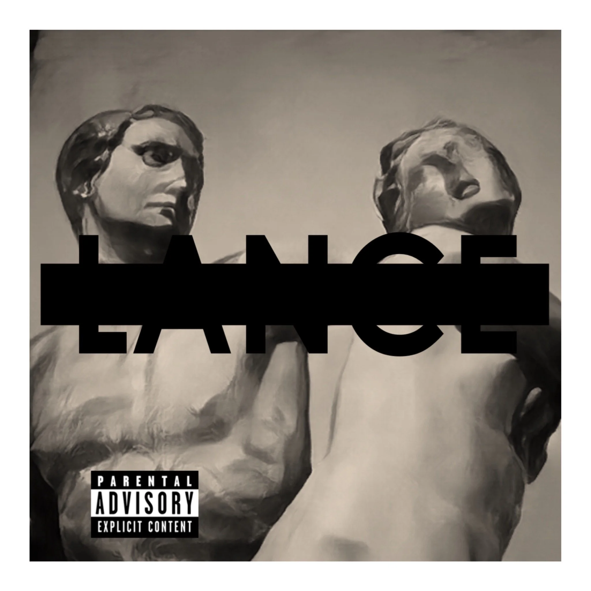 Black and white album cover featuring a vintage photograph of two men with serious expressions, partially obscured by large black text with a "Parental Advisory" label in the lower left corner.