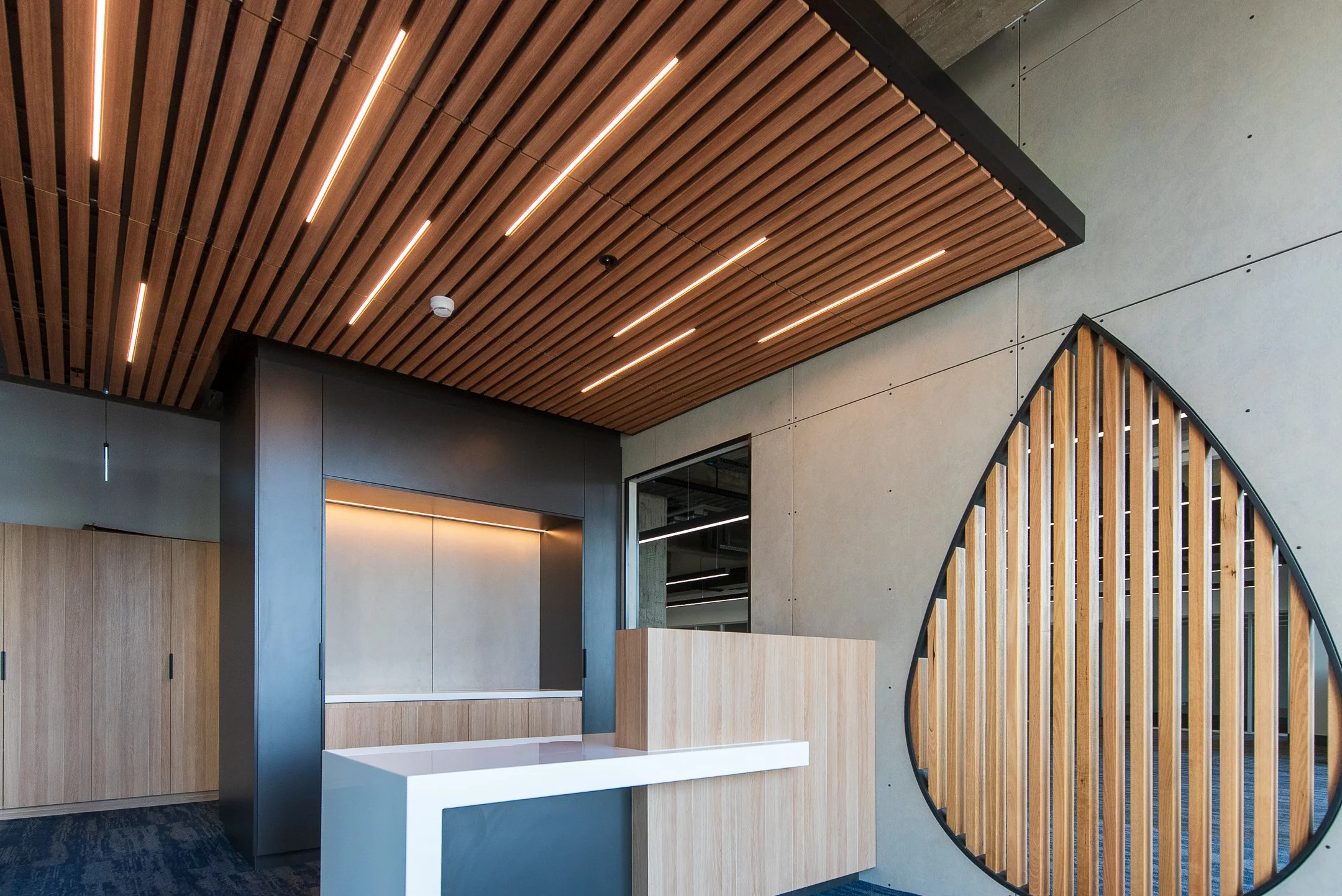 Modern interior with wooden slatted ceiling featuring built-in lighting, concrete walls, and a curved wooden partition with vertical slats.