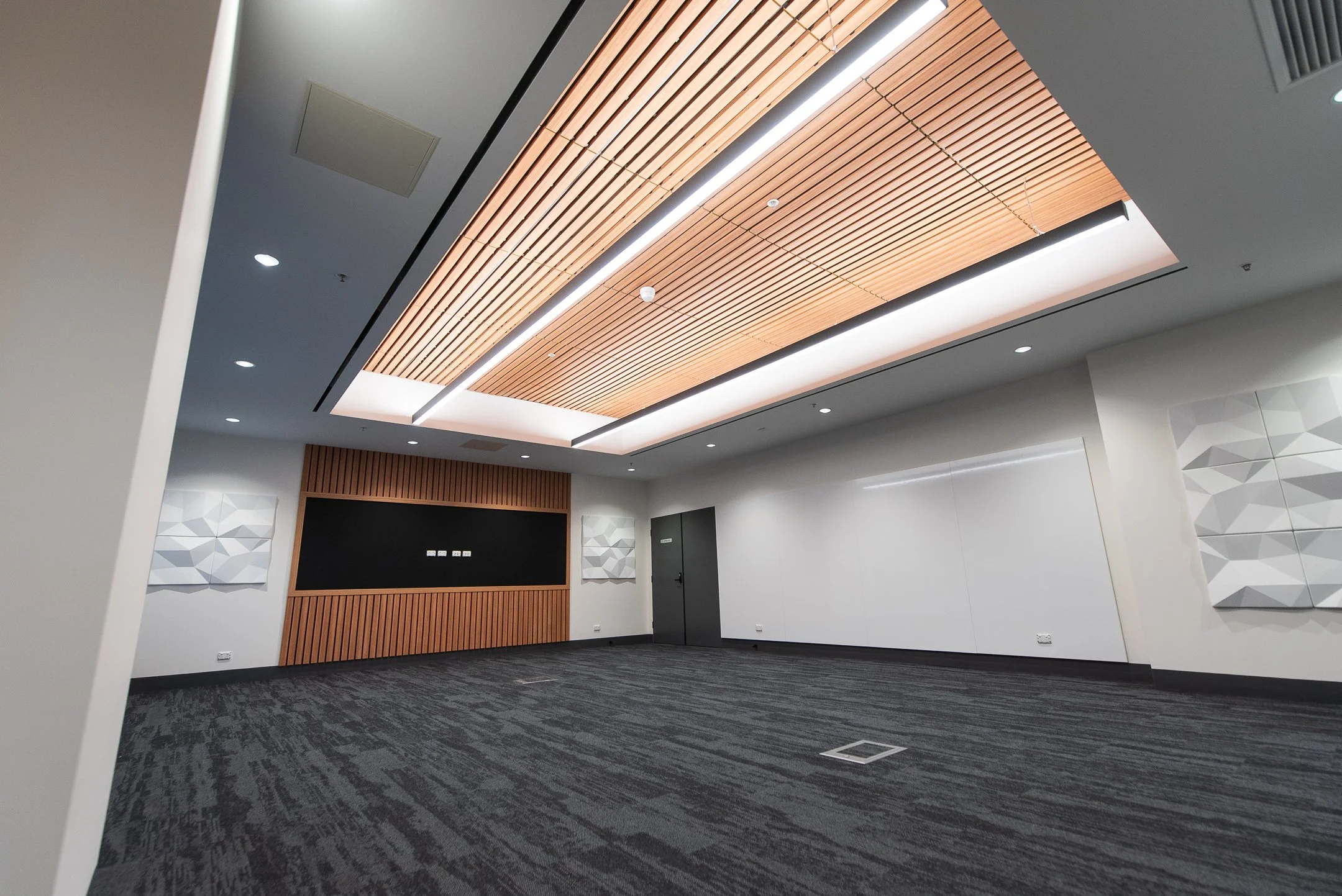An empty modern interior room with a gray carpet, white walls, and a ceiling with wooden slats and integrated lighting. There are decorative white panels on the walls and a black door.