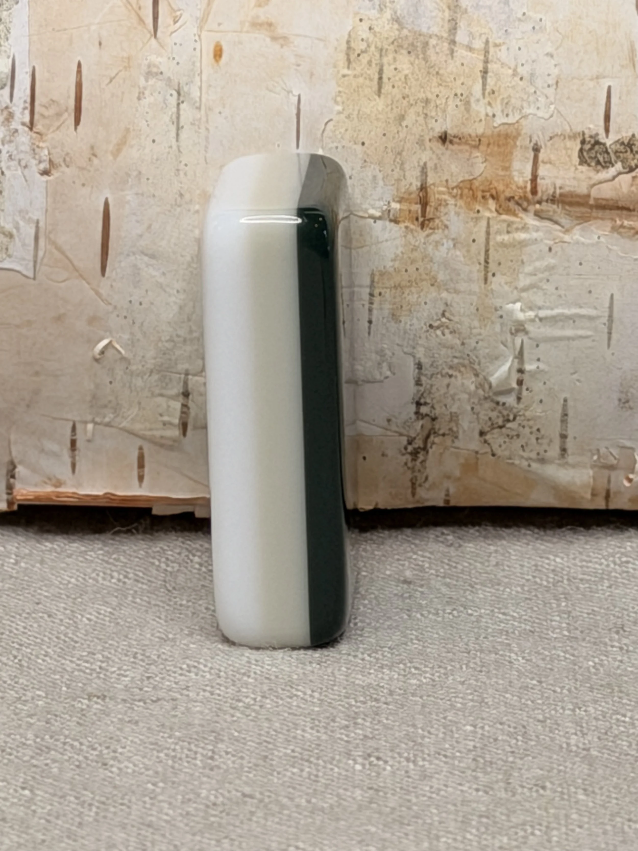 Side view of a single Winter Solstice tile showing its layers: a white face, a thin cream middle, and a deep pine-green back, standing against birch bark.