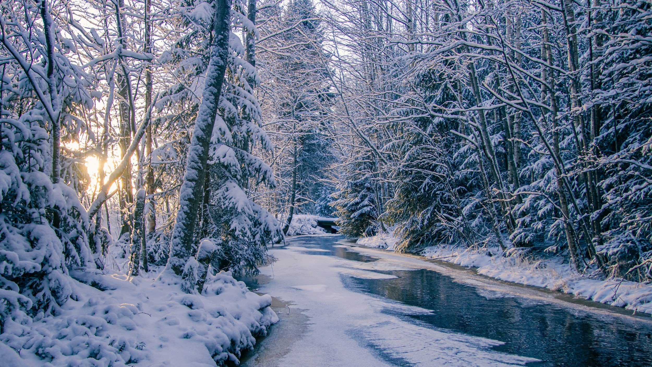 Snow-covered trees line a winding partially frozen river or road during a winter sunset or sunrise.