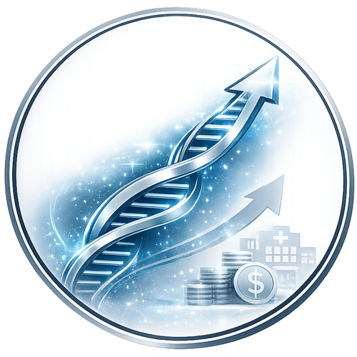 economics icon showing an upward-trending DNA strand arrow next to a clinical hospital building and stacks of silver coins with a dollar sign, representing the quantifiable cost-avoidance and net savings of proactive oncology PGx screening.