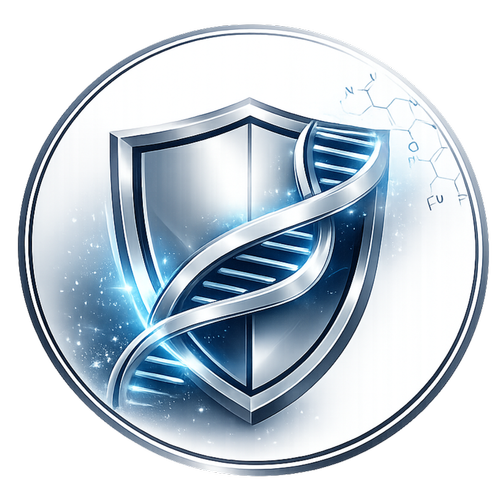 Clinical icon showing a metallic medical shield wrapped in a double-helix DNA strand, representing prospective DPYD genetic screening to protect oncology patients from severe 5-FU and capecitabine toxicity.