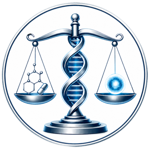 Clinical icon of a medical balance scale with a central DNA double-helix pillar, balancing a chemotherapy drug molecule and capsule on one side against a healthy cell on the other, illustrating multi-gene PGx testing to optimize treatment tolerance.