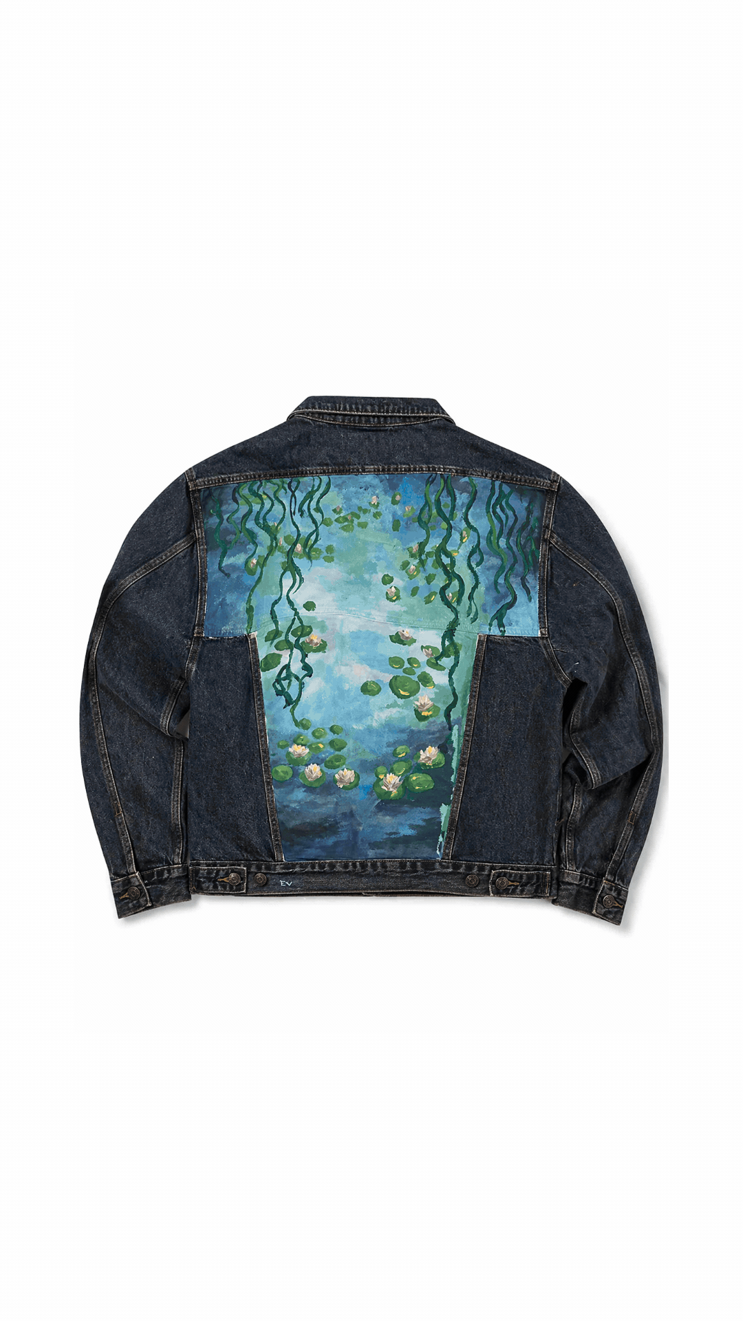 Denim jacket with a painted design of a pond with water lilies and hanging vines on the back.