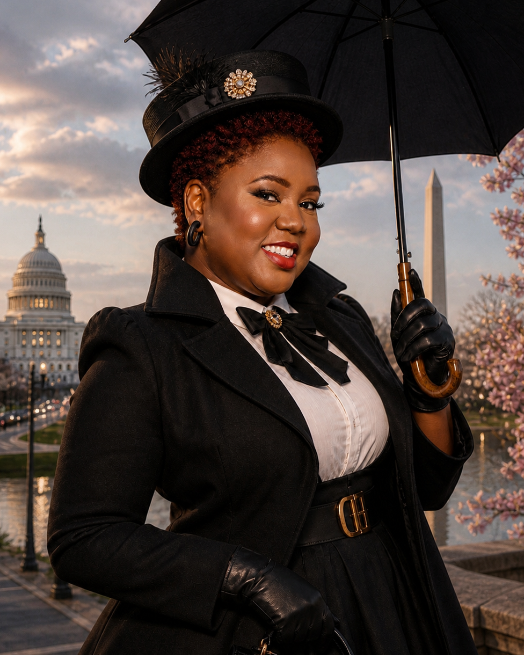 A woman in vintage black attire holding an umbrella with the U.S. Capitol and Washington Monument in the background.