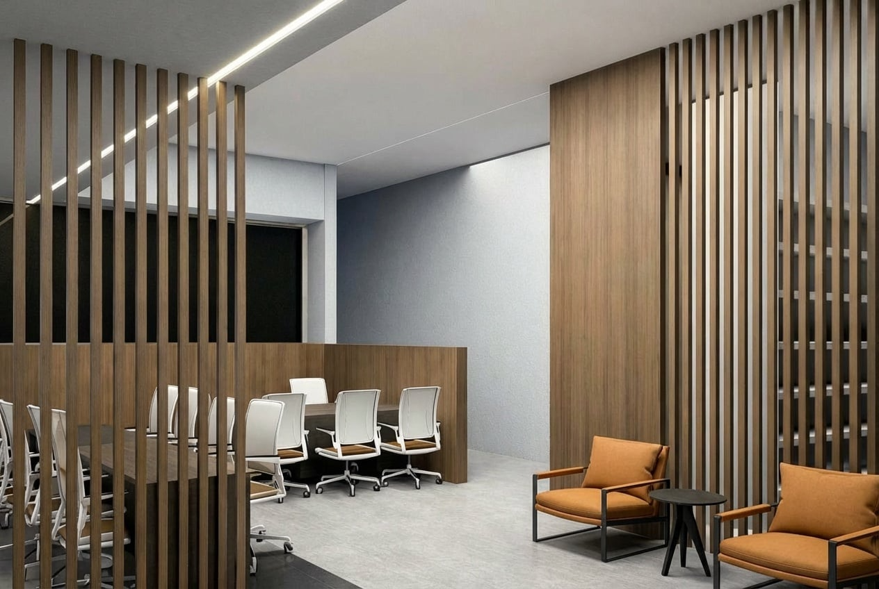 Sala de reuniones moderna con sillas blancas, sillones anaranjados y paredes decorativas de madera.