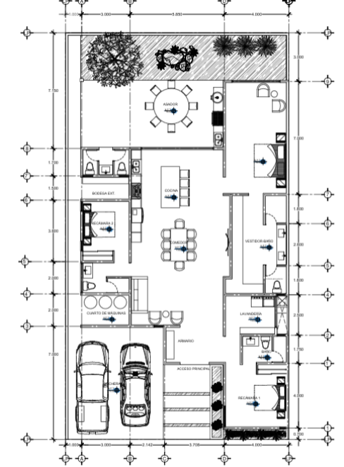 Plano de casa con áreas para cochera, dormitorios, baños, cocina, sala, comedor, jardín y terraza.