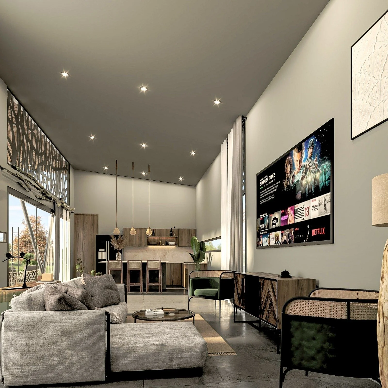 Salón de vivienda moderna con sillones grises, mesa de centro, televisor grande con contenido de Netflix, paredes blancas, ventanas grandes con cortinas blancas, decoración minimalista, iluminaciónspotlights en el techo y vista al exterior con árboles y cielo azul.