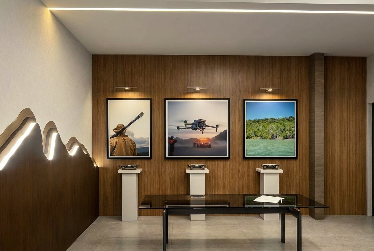 Sala de exposición con imágenes de drones, naturaleza y personas en la pared de madera.
