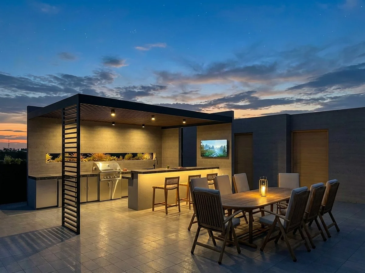 Área al aire libre con mesa y sillas, cocina con barbacoa y parrilla, paredes de concreto, ambiente iluminado y vista del atardecer en el cielo.