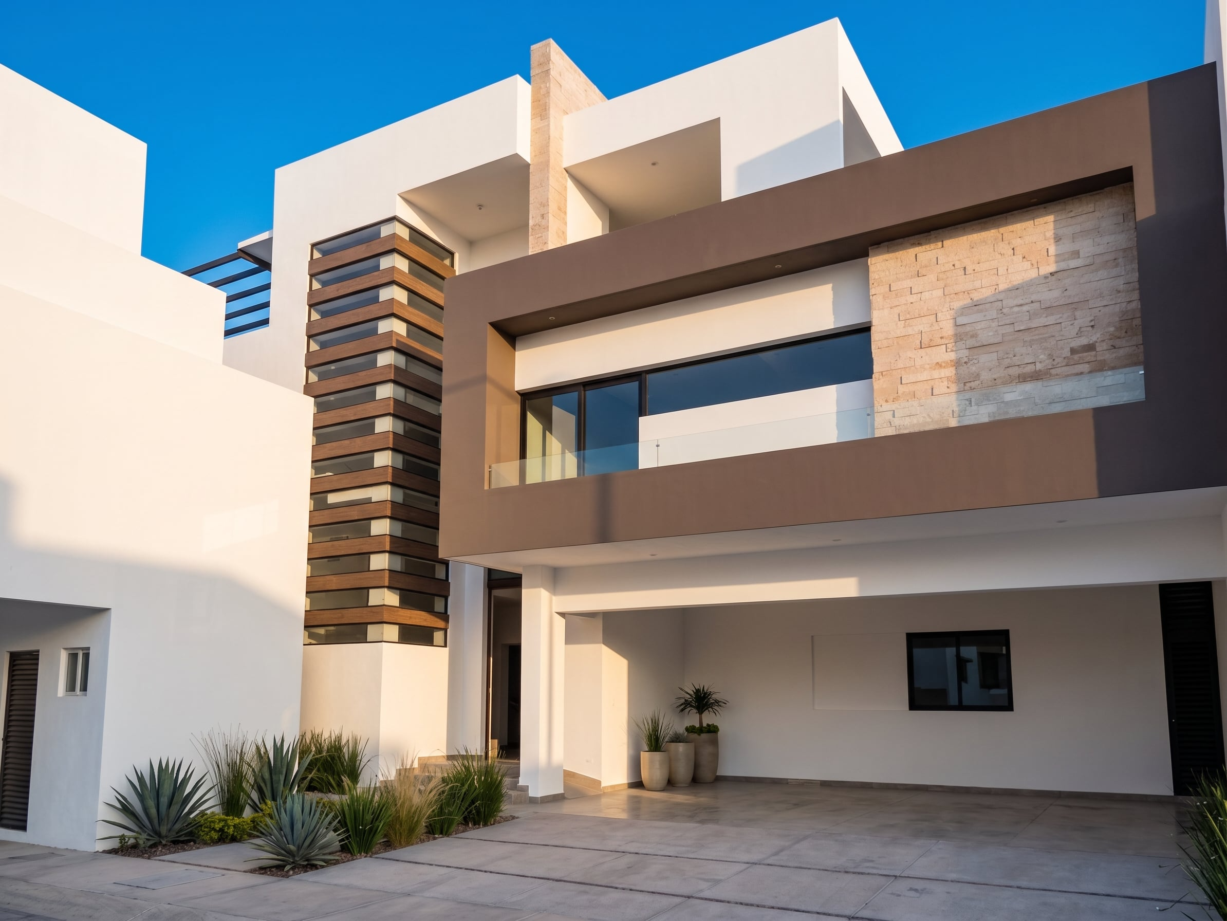 Fachada de una casa moderna de varios pisos con balcones de madera y vidrio, paredes blancas y detalles en piedra y gris, con planta y área de terraza en primer plano, bajo un cielo azul claro.