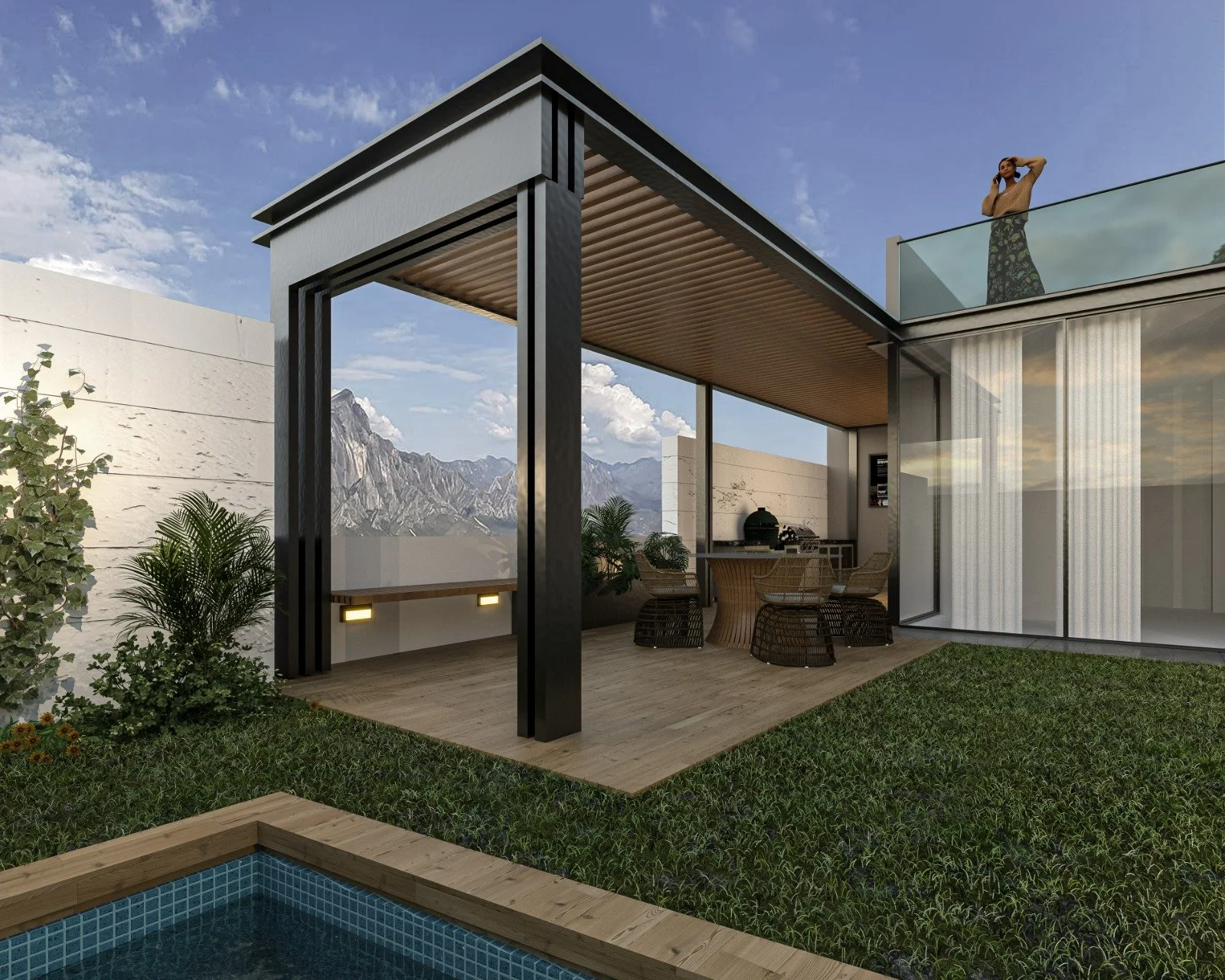 Terraza moderna con muebles de mimbre, área para barbacoa, y vista a montañas con cielo azul y nubes, en un estilo contemporáneo con plantas decorativas.