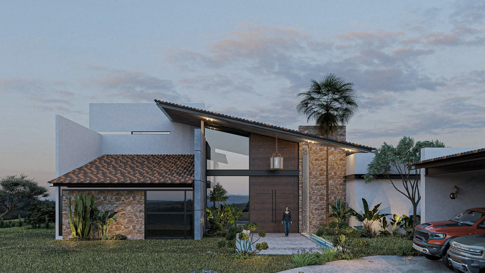 Casa moderna con diseño arquitectónico contemporáneo, fachada de piedra, grandes ventanales, y áreas de vegetación, en un entorno de paisaje con coches aparcados al frente.