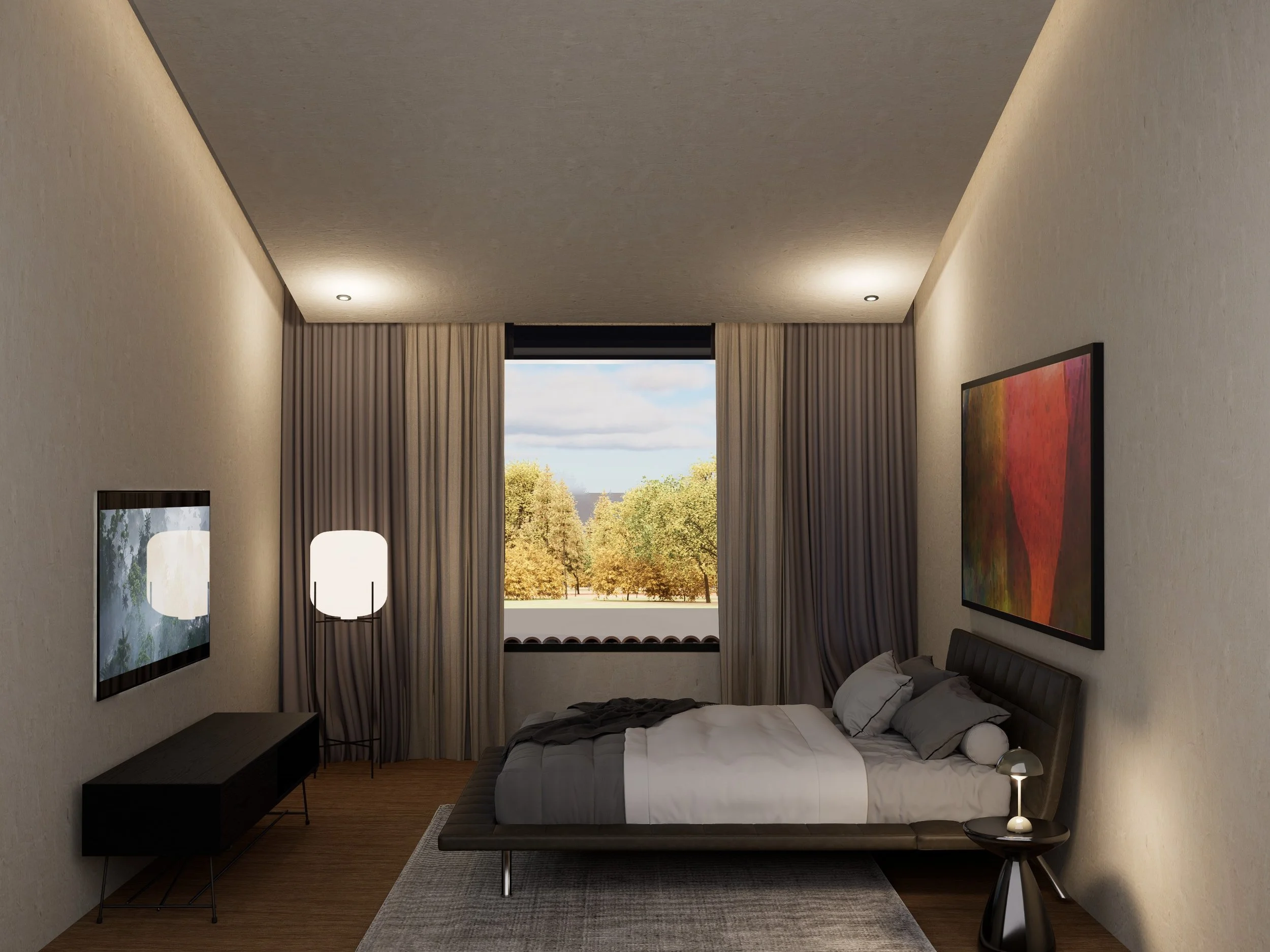 Habitación moderna con cama, lampara y cuadros en las paredes, vista a árboles y cielo a través de la ventana.