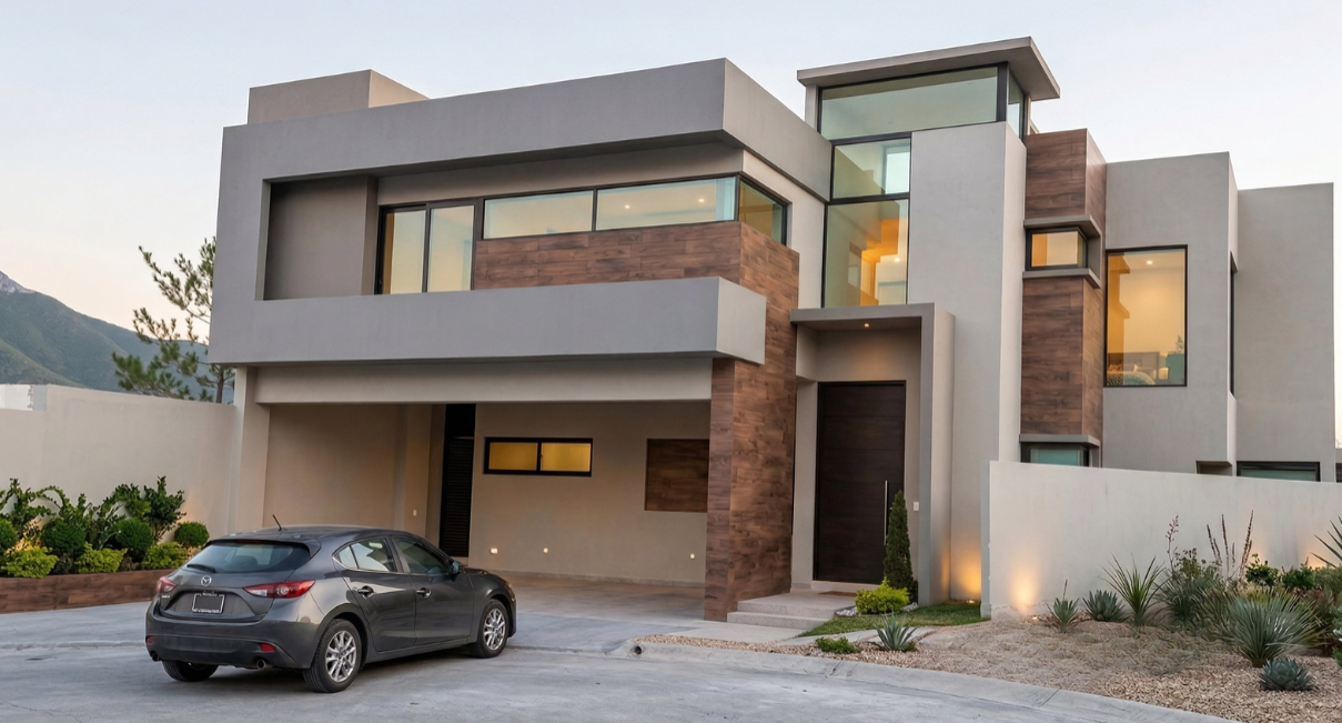 Casa moderna de varios pisos con paredes blancas y detalles de madera, coche gris estacionado adelante, jardín con plantas y montaña de fondo en la tarde.