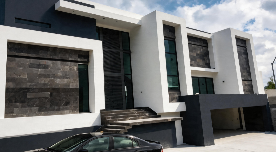 Fachada moderna de una casa de varios pisos con paredes blancas, detalles en negro y ventanas grandes.