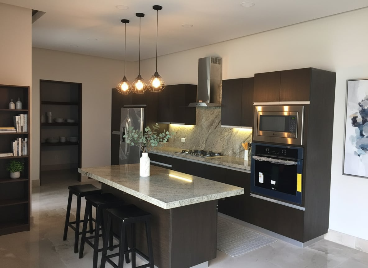 Cocina moderna con isla, gabinetes oscuros, encimera y backsplash de granito, horno, microondas, extractor de calor, y lámparas colgantes, decorada con planta en jarrón.