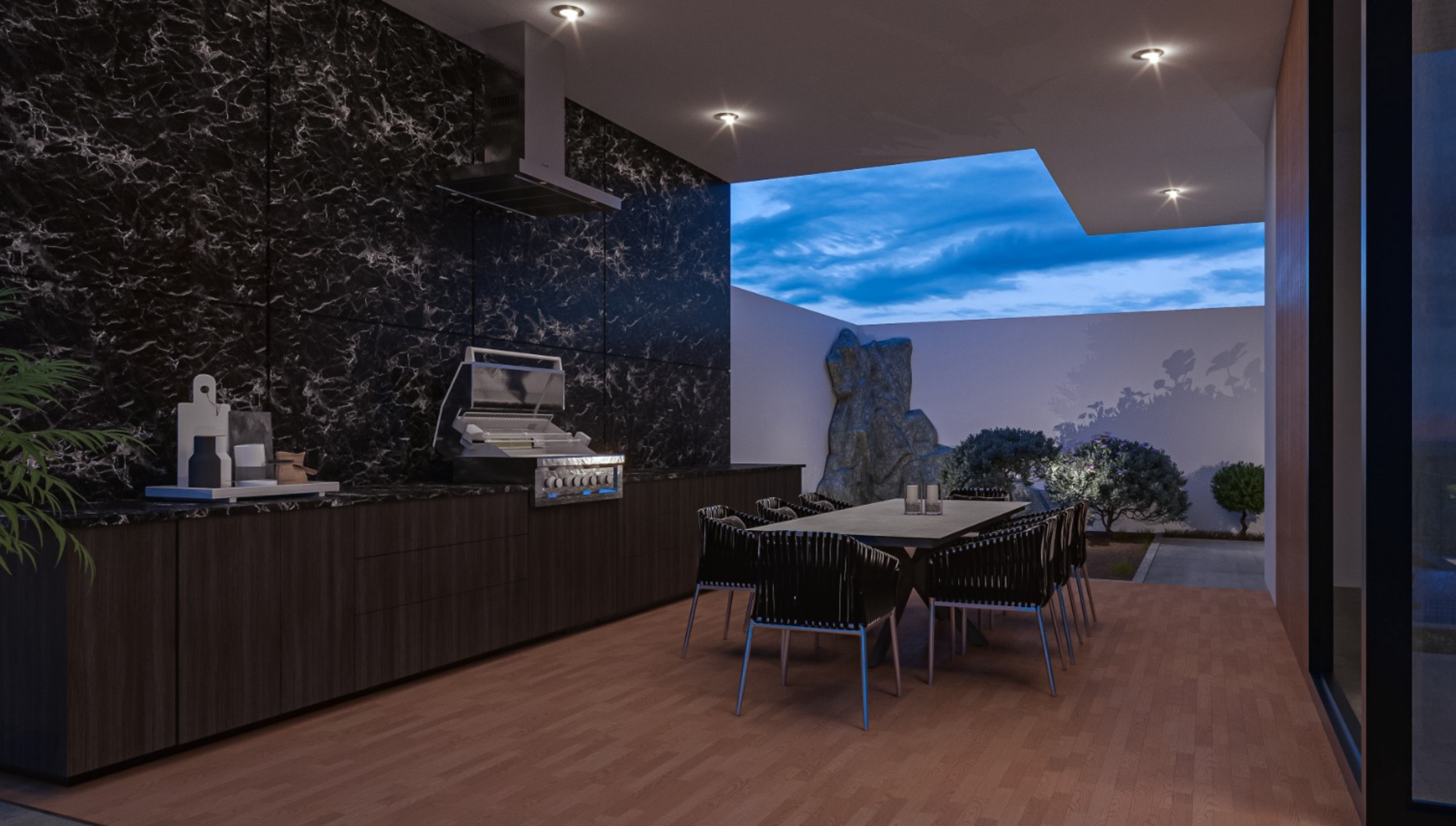 Cena de una terraza moderna de noche con mobiliario y decoración, vista a un cielo con nubes y zonas verdes exteriores.