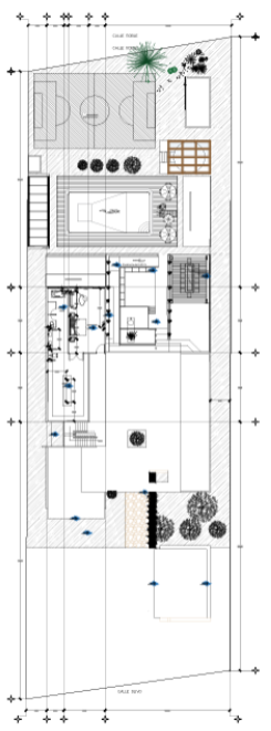 Plano arquitectónico de una propiedad con áreas de jardín, piscina y habitaciones interiores.