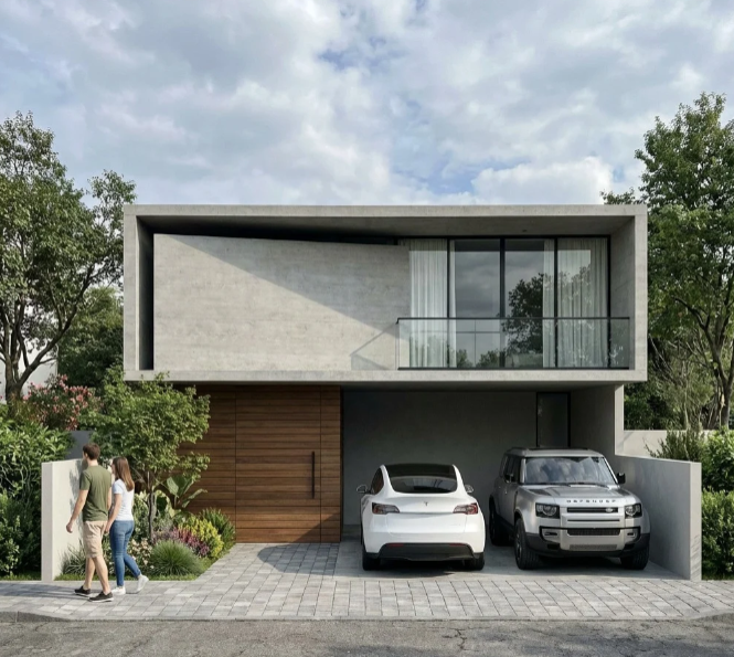 Casa moderna con dos autos estacionados en un garaje techado y un jardín con árboles y plantas.