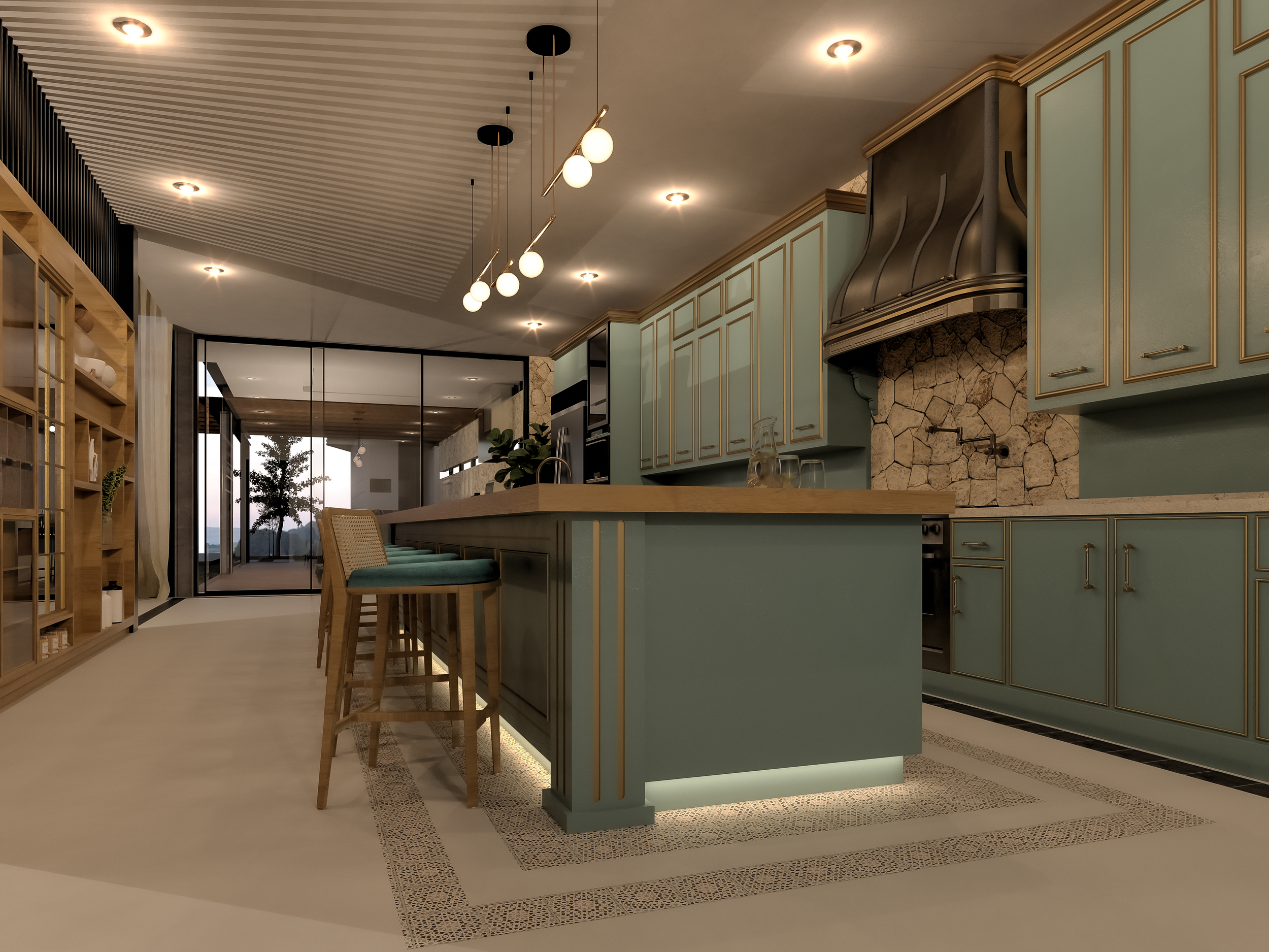 Cocina moderna con gabinetes en color menta con detalles dorados, una campana extractora de acero y una isla central con barra y sillas. En el fondo, ventanas grandes con vista a un árbol.
