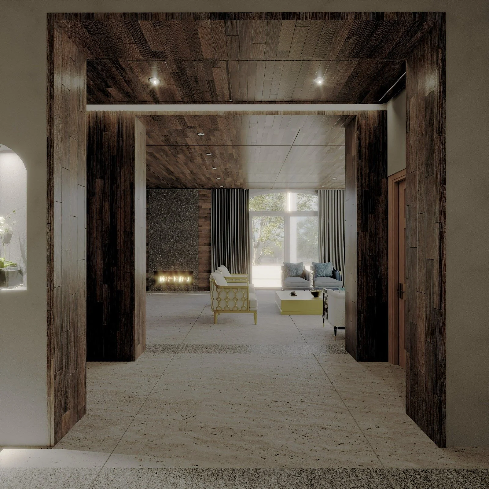Vista de una sala moderna con paredes y techo de madera, ventana grande con cortinas y sillones blancos junto a una mesa