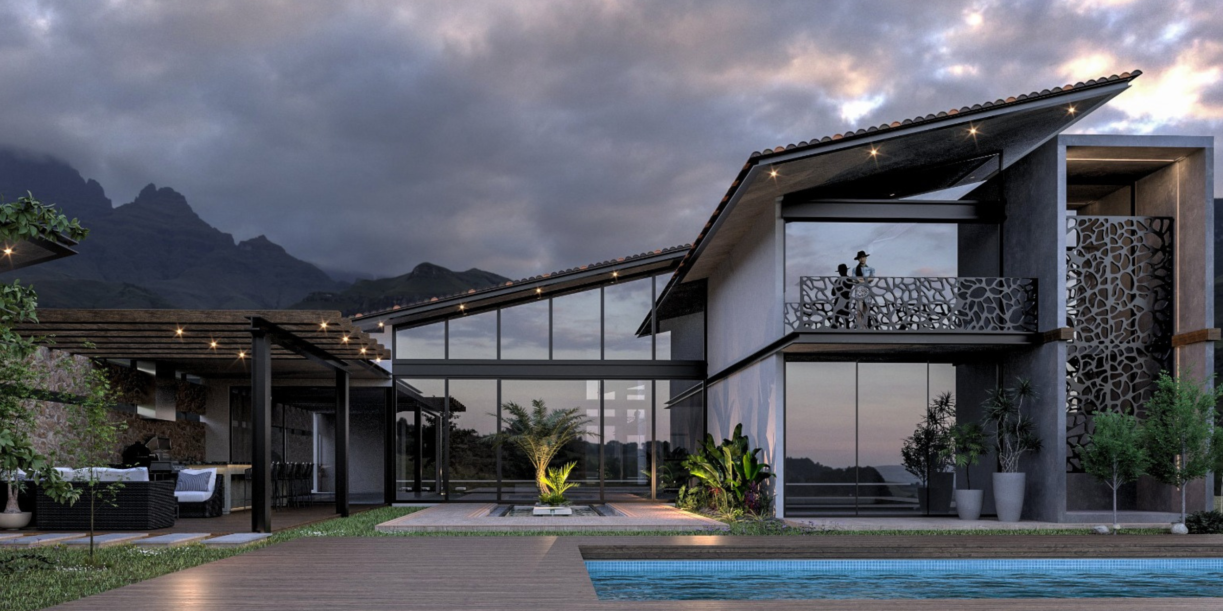 Casa moderna con gran ventanas de vidrio, terraza y piscina, rodeada de plantas, en un entorno montañoso con cielo nublado.