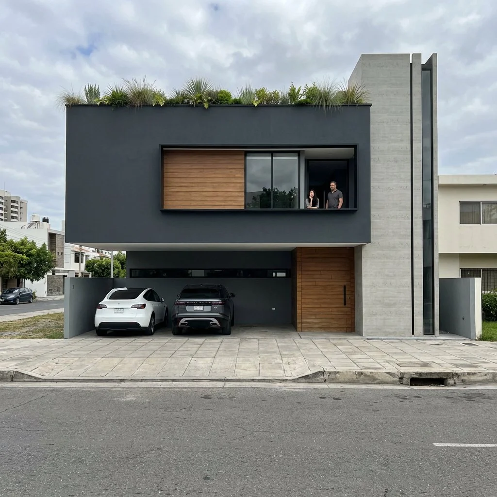 Edificio moderno de dos pisos con fachada negra y detalles de madera, con estacionamiento en la parte frontal y dos personas en el balcón del segundo piso. Plantas en la azotea y calles urbanas alrededor.