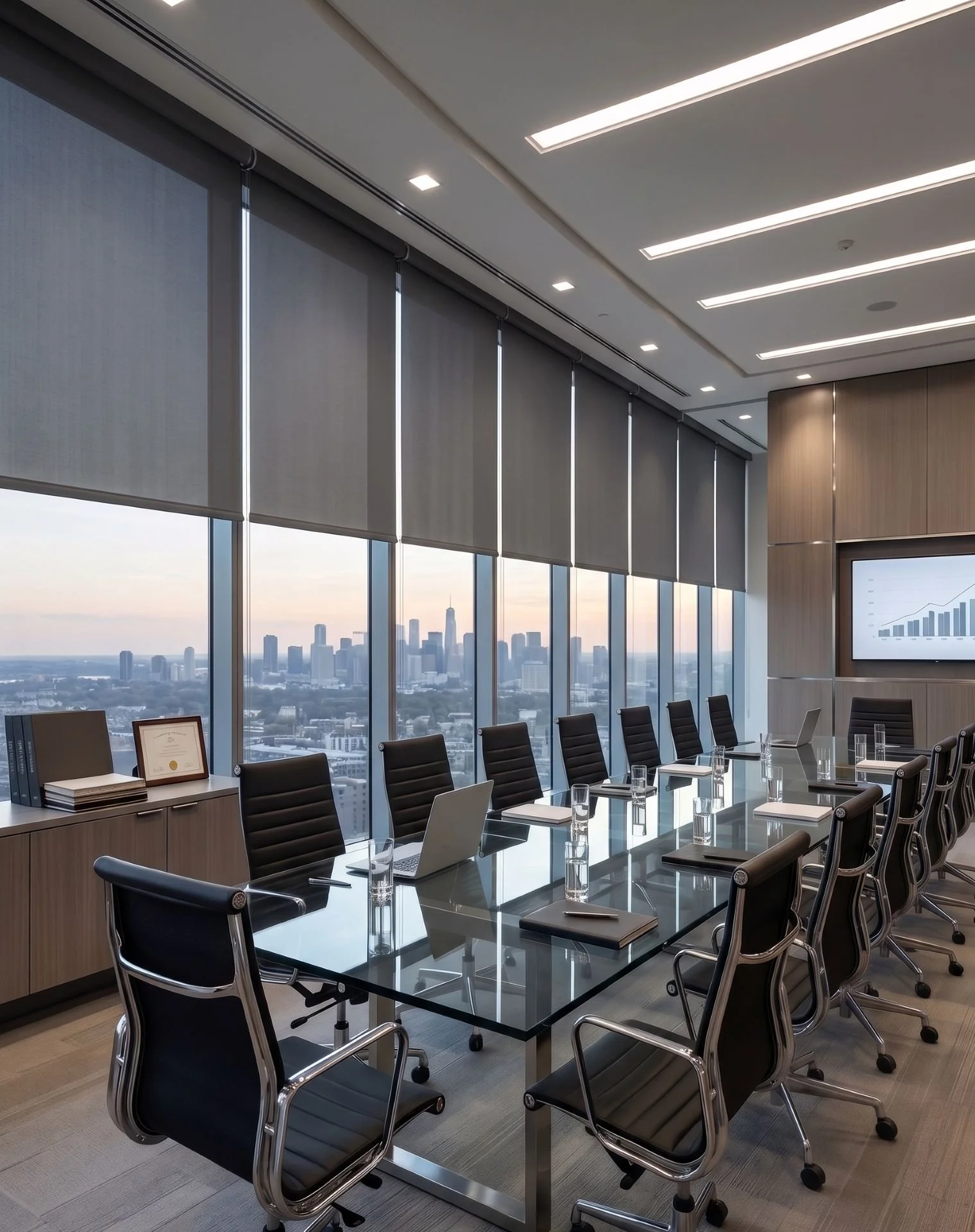 Modern conference room with large glass windows, black chairs around a glass table, and city skyline view. The room has a presentation screen showing a line chart, certificates on a sideboard, and a laptop on the table.