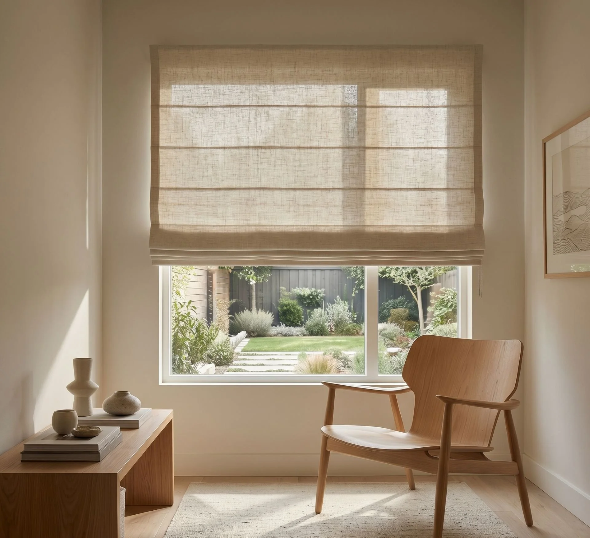 A cozy room with a large window revealing a lush green garden outside. The room features a wooden chair, a low wooden table with decorative vases and books, and sheers on the window, allowing natural light to fill the space.