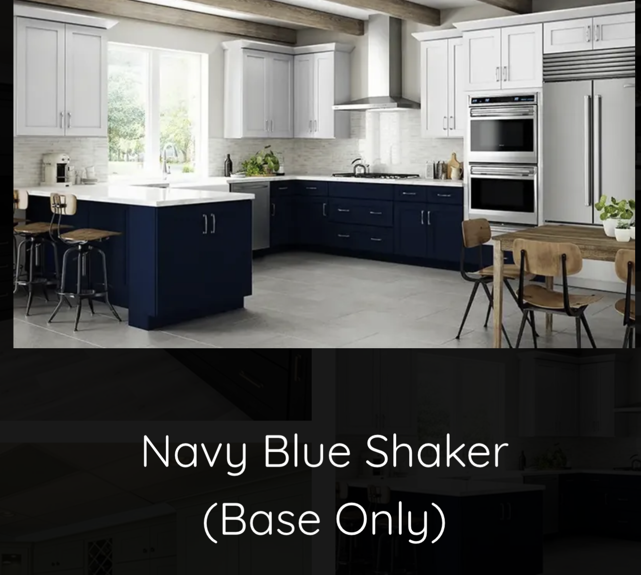 Modern kitchen with white upper cabinets, navy blue lower cabinets, stainless steel appliances, a kitchen island with barstools, and a wooden dining table with chairs.