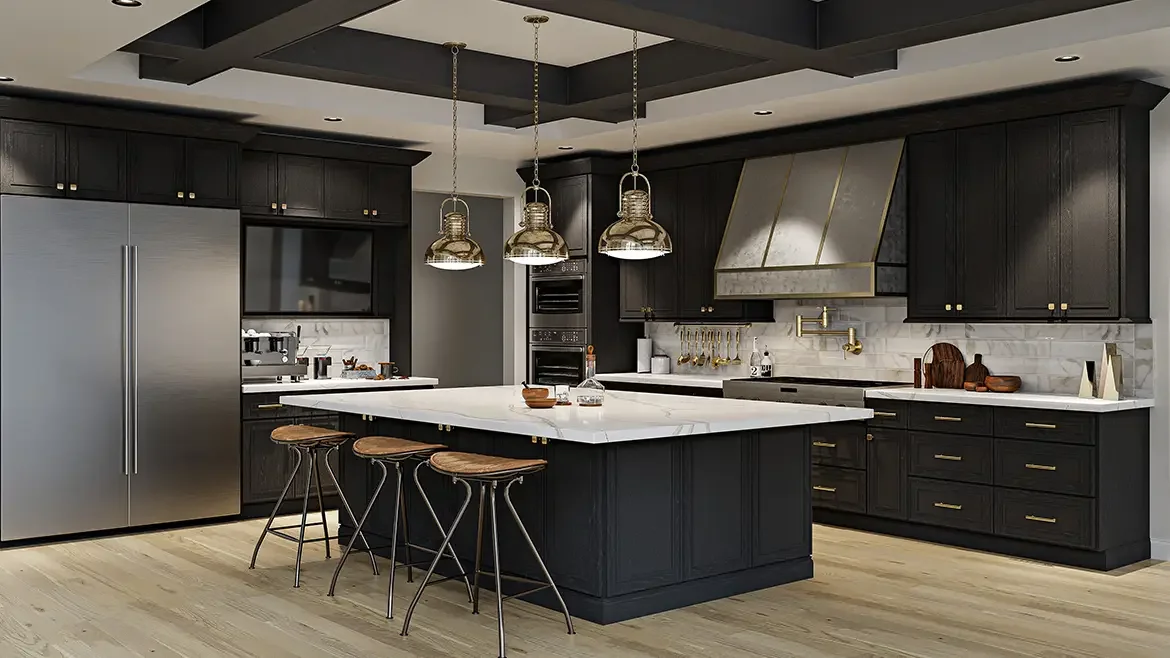 Modern kitchen with black cabinets, a large white island, stainless steel appliances, and pendant lighting.