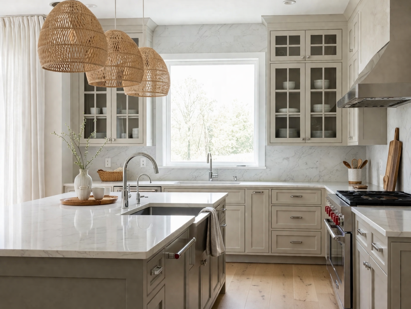 Bright kitchen with off-white cabinetry, marble countertops, and a window overlooking trees. Rattan pendant lights hang above the island, which has a sink and decorative vase. Open shelves display white dishes, and a wooden cutting board leans against the wall near the stove.