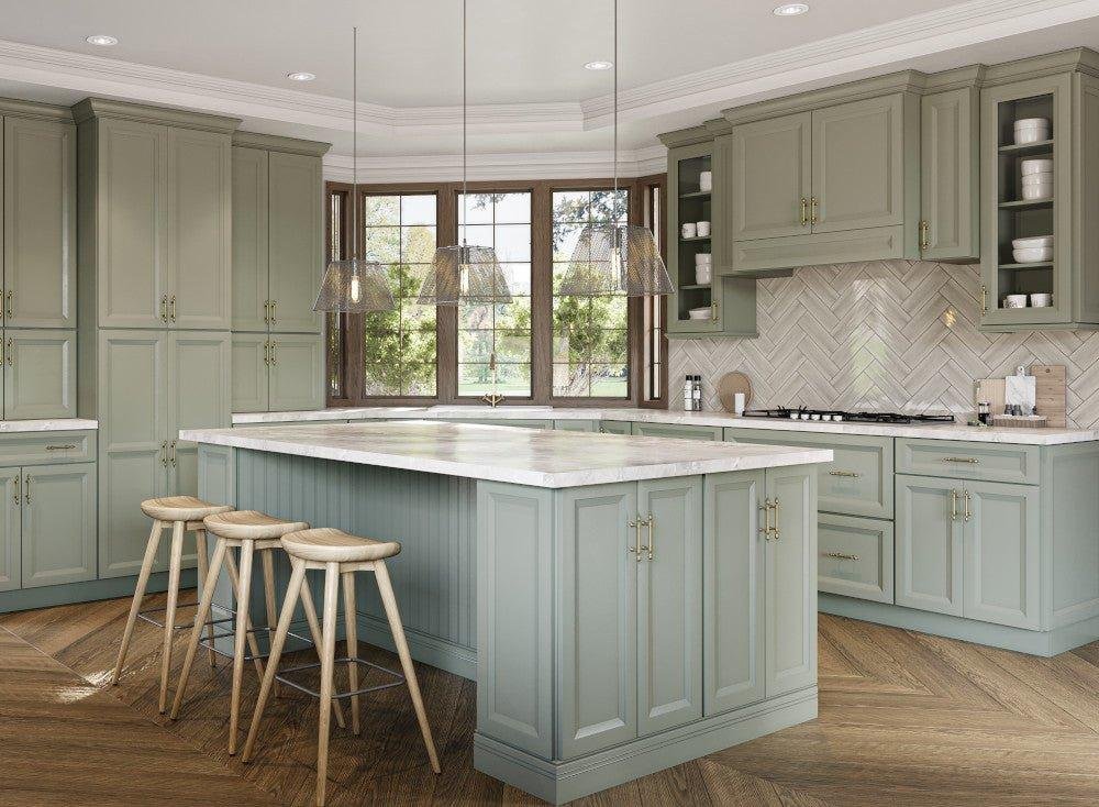 Light green kitchen with island, bar stools, large window, and open shelving.