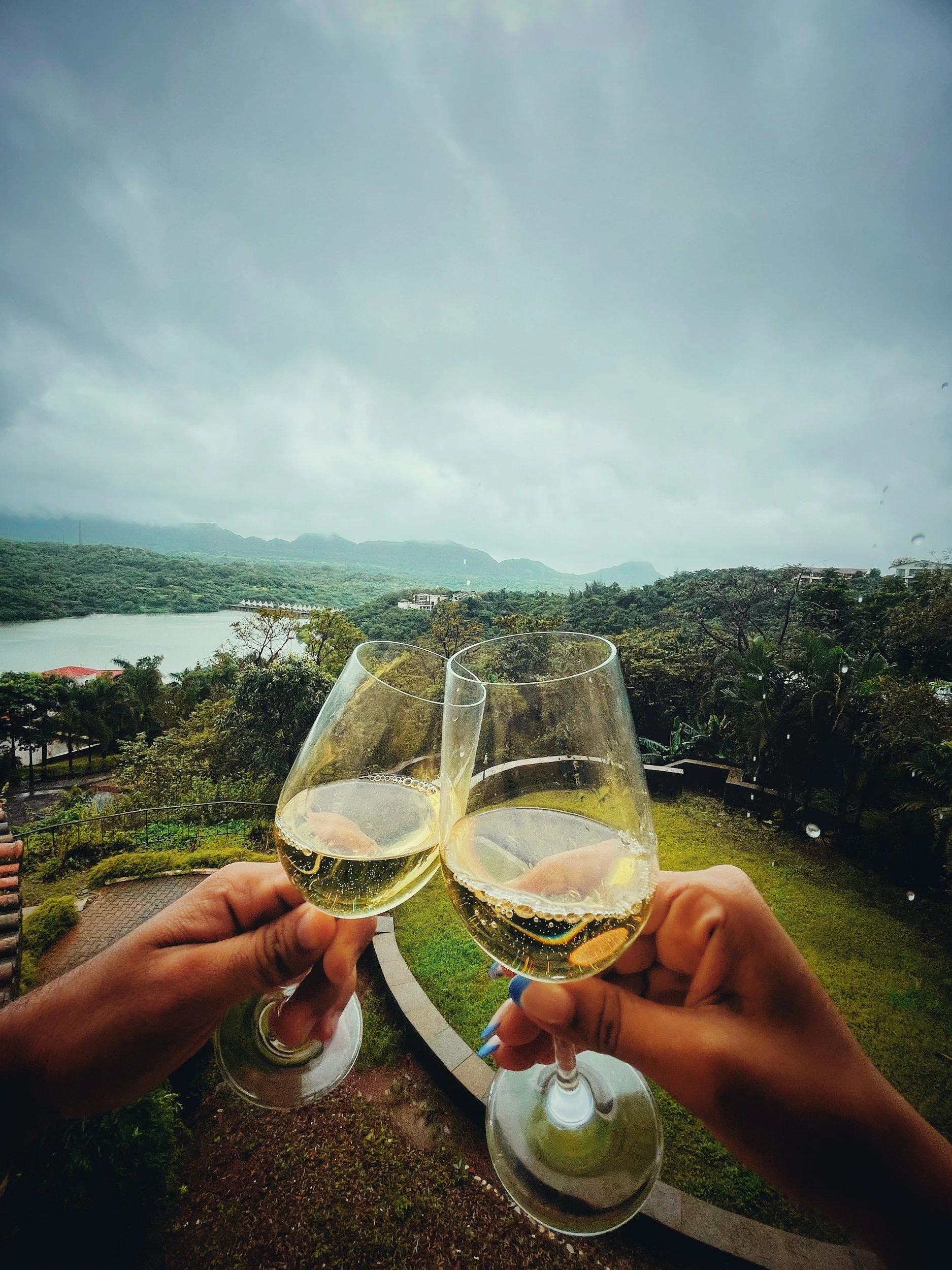 Two hands holding glasses of white wine clinked together in a celebratory toast outdoors with a scenic landscape of a lake, green hills, and mountains under cloudy sky in the background.