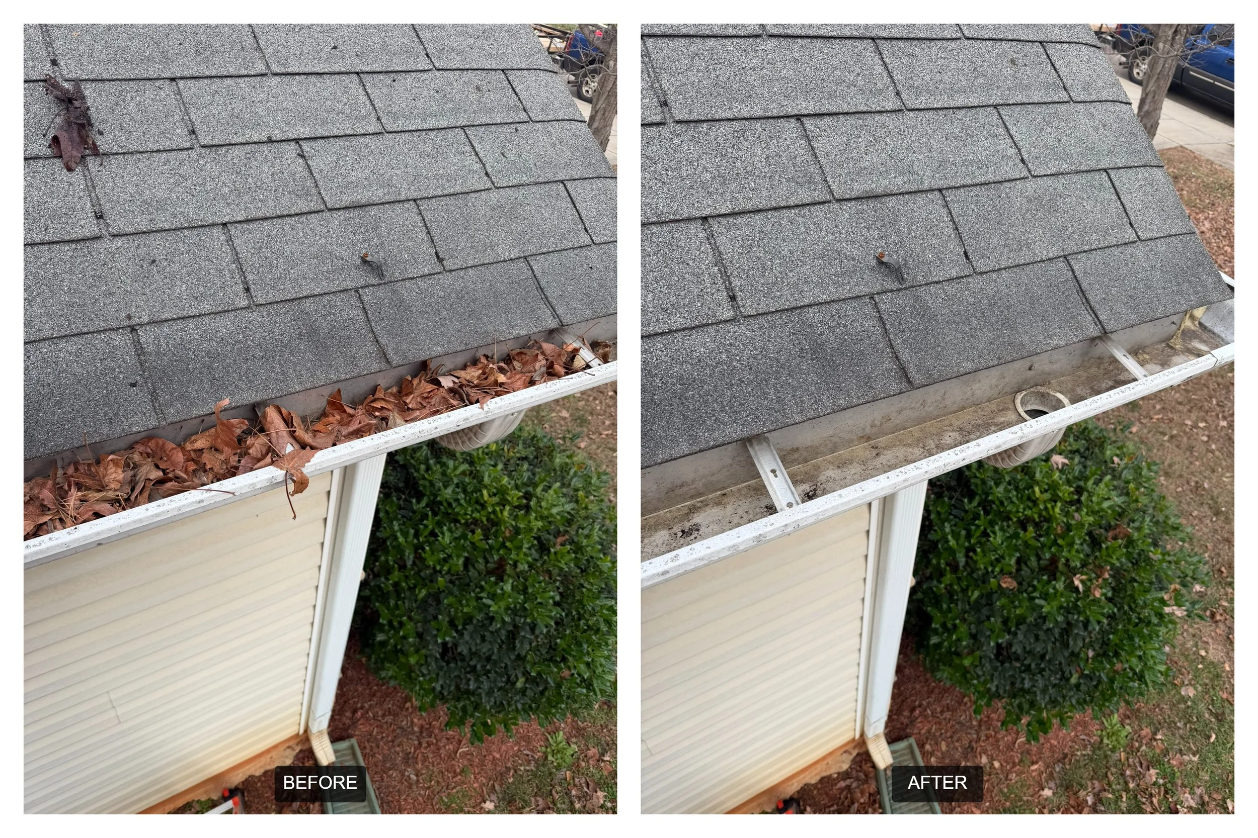 Comparison of a gutter with leaves and dirt before cleaning and after cleaning, showing the gutter cleared of debris.